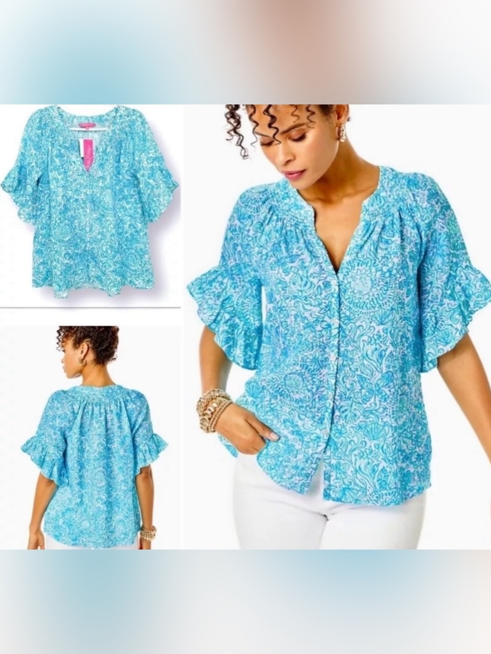 LILLY PULITZER Tayla Short Sleeve Linen Top  Took me by SUNRISE szXS